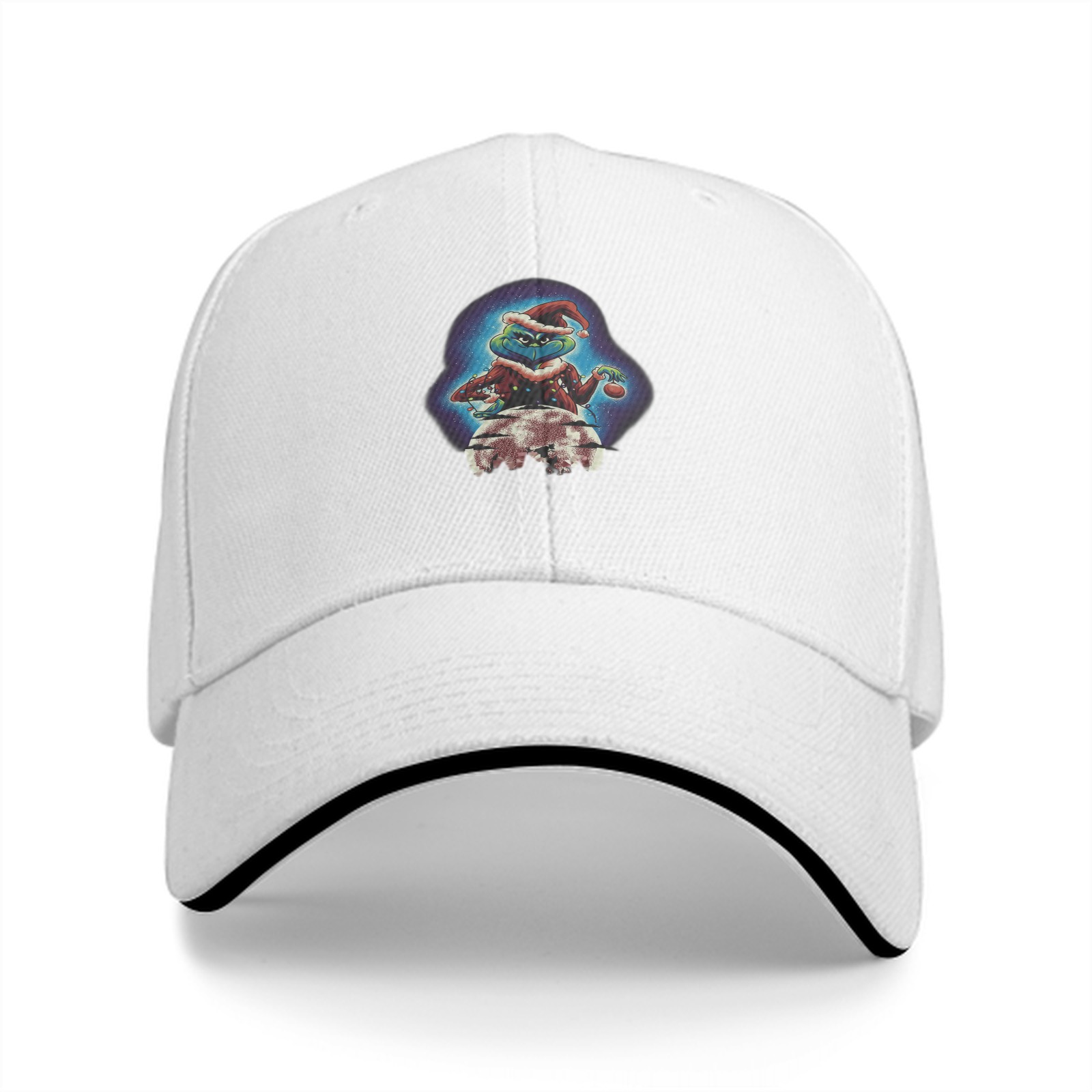 Black Baseball Cap With Grinch Christmas Character Print