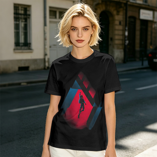 Olive T-shirt with Spider-Man mid-swing over city buildings