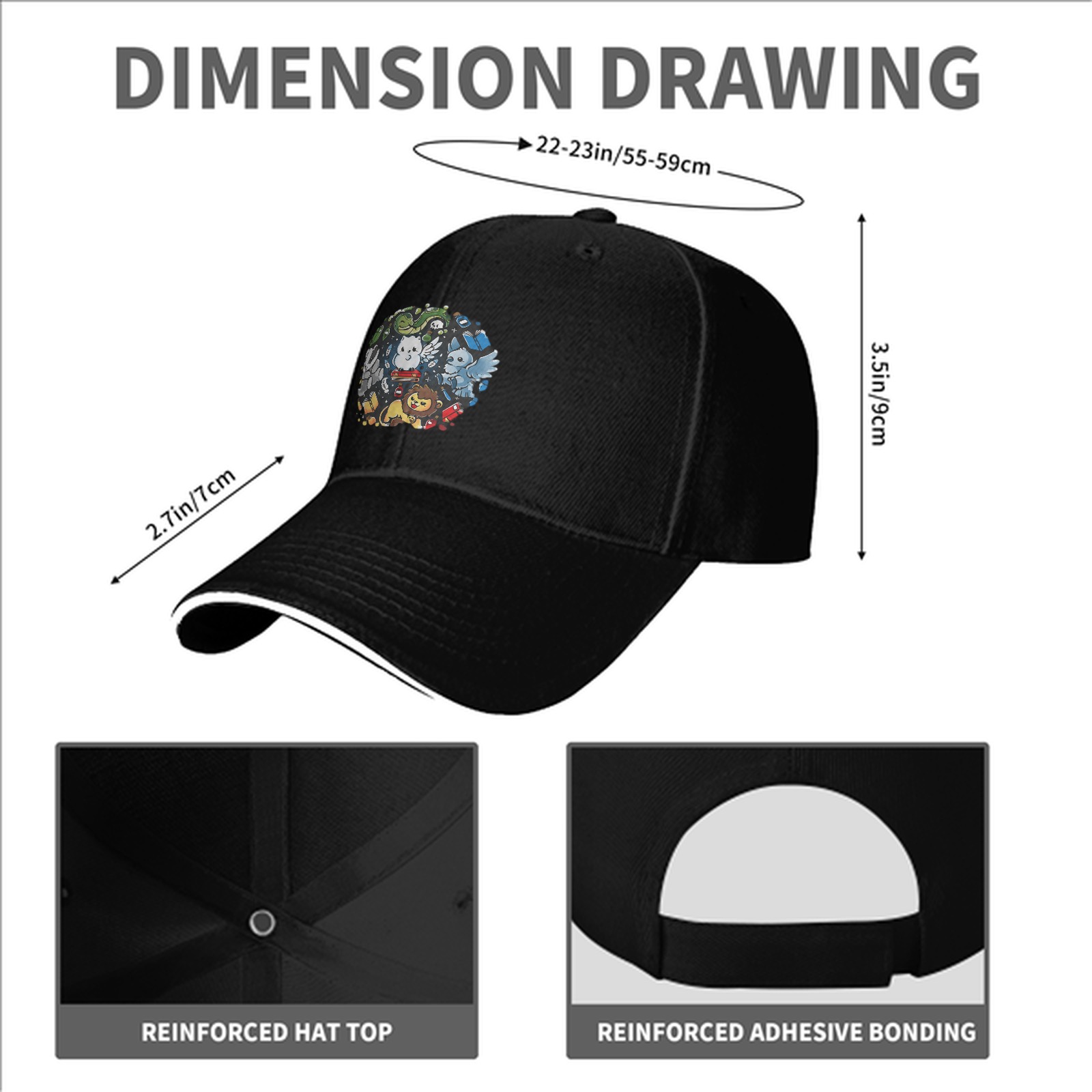 Black Baseball Cap With Cute Magical Creatures Graphic Design