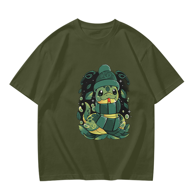 Olive Green T-Shirt With Cute Cartoon Snake Graphic