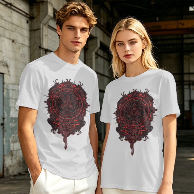 Olive T-Shirt With Red Occult Magic Circle Graphic