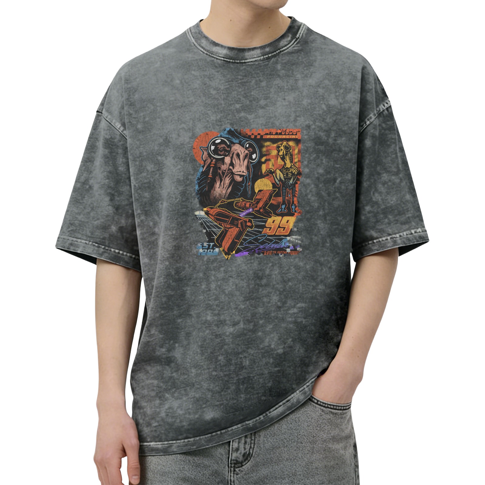 Oversized Acid Wash T-Shirt with Retro Sci-Fi Alien Racing Graphic