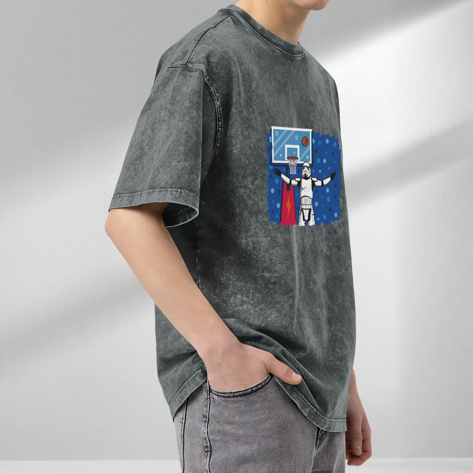 Washed Black T-Shirt with Stormtrooper Basketball Graphic Design