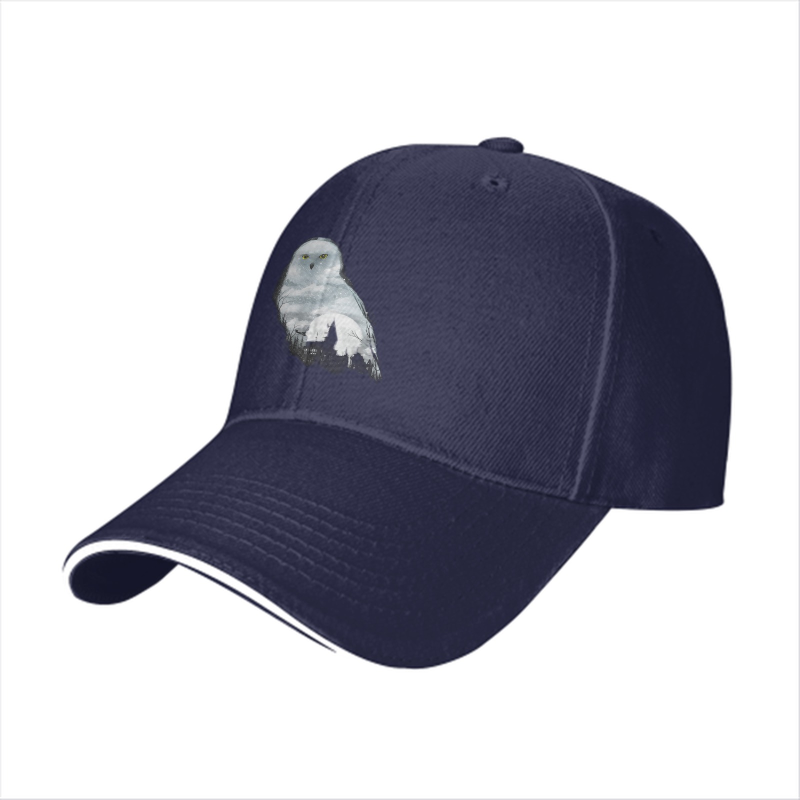 Black baseball cap with snowy owl and castle graphic