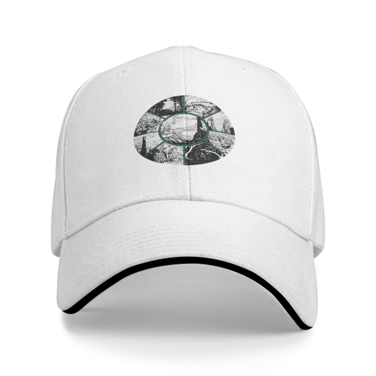 Black Baseball Cap With Circular Nature Landscape Graphic