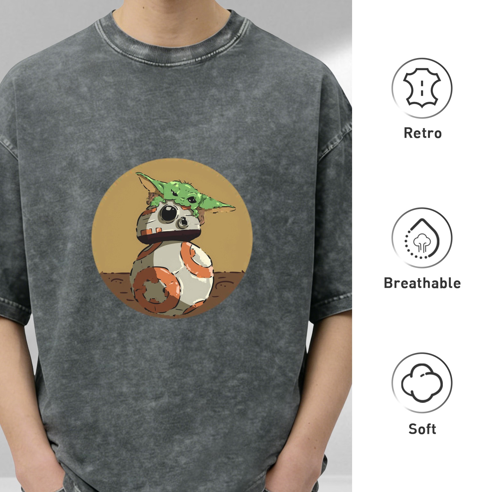 Star Wars Baby Yoda and BB-8 Graphic Washed Black T-Shirt