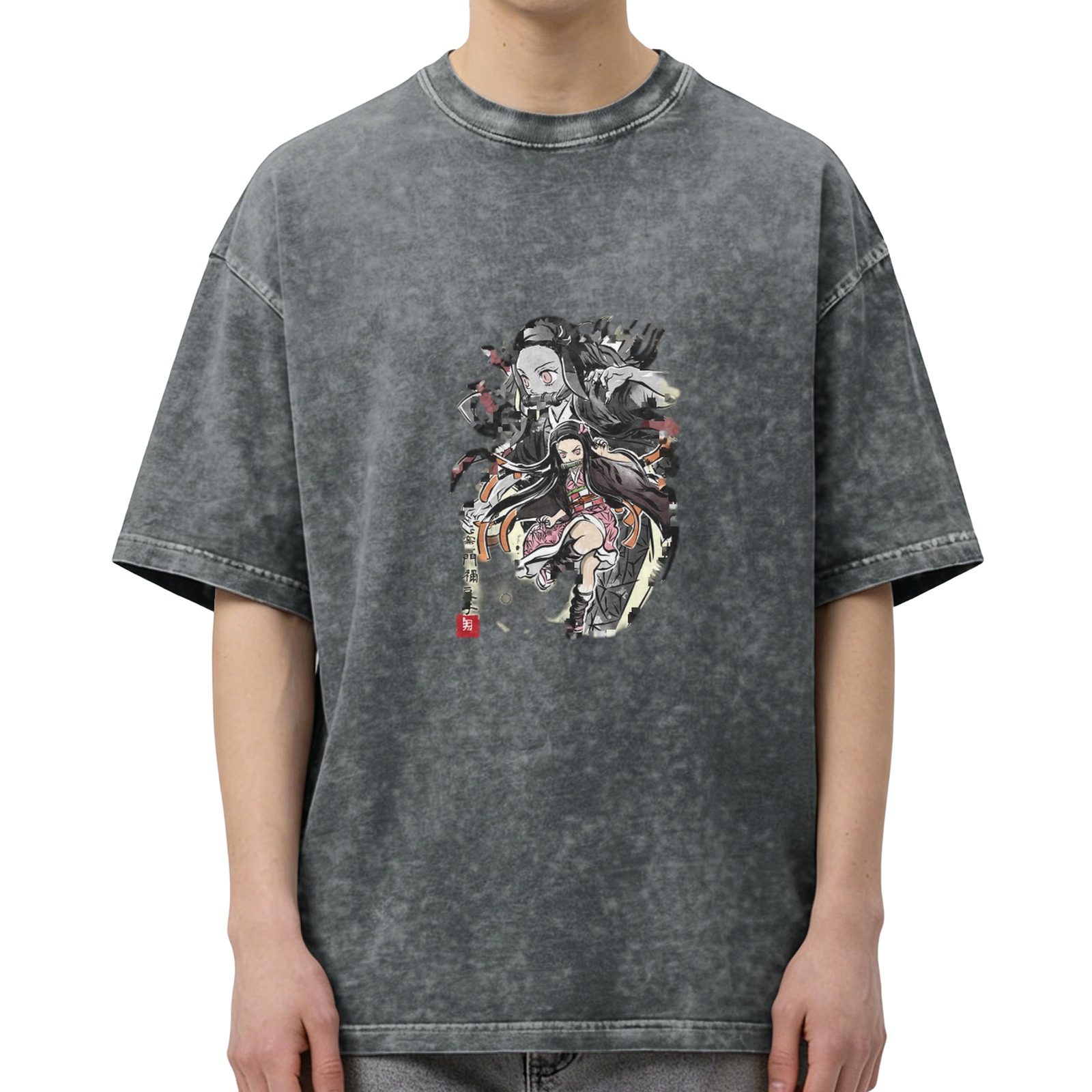 Demon Slayer: Kimetsu no Yaiba Nezuko themed old washed black loose short-sleeved T-shirt