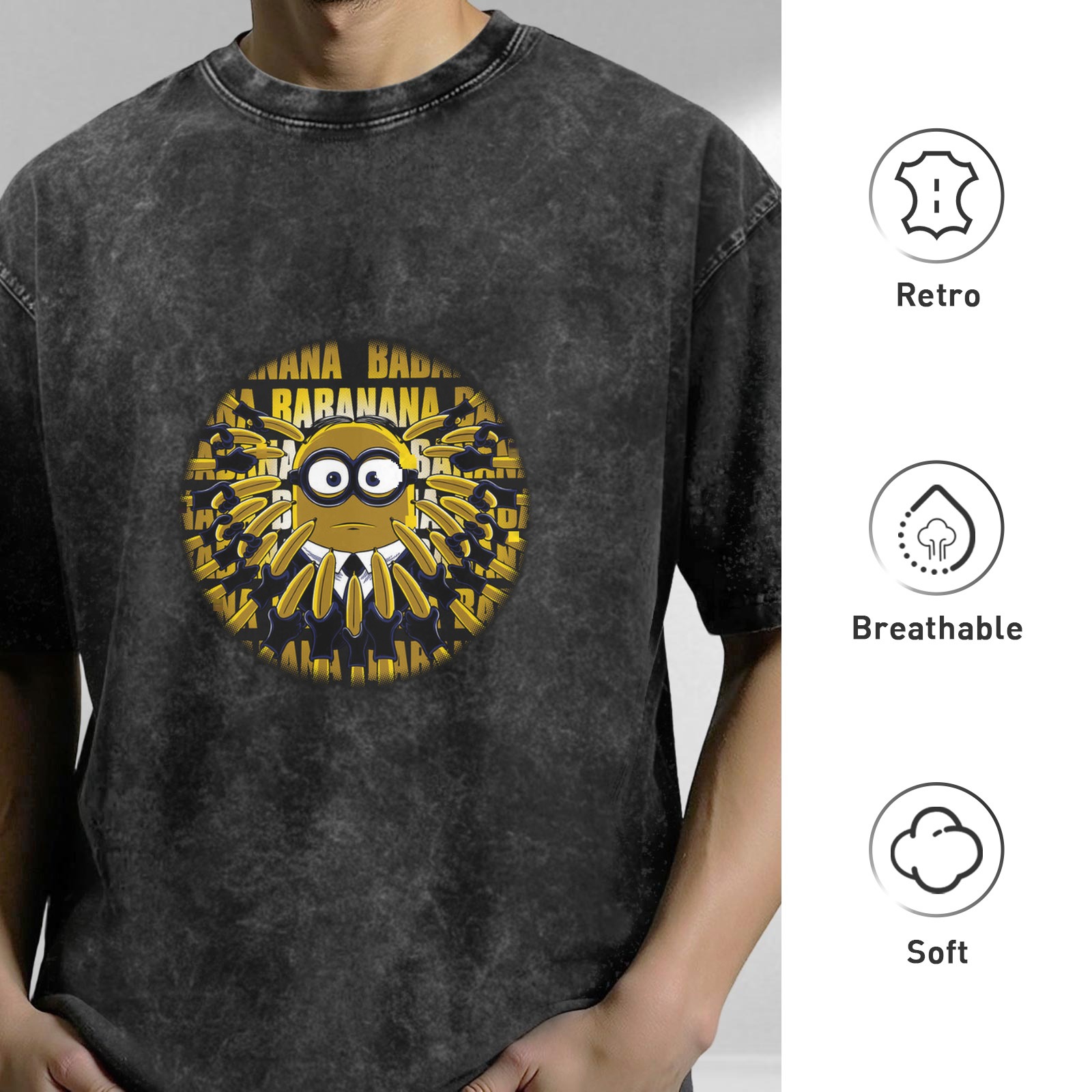 Washed Black Minion Banana Graphic Short Sleeve T-Shirt
