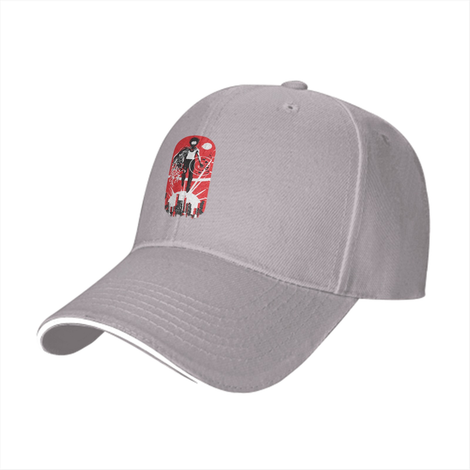 Black Baseball Cap with Superhero Cityscape Graphic Print