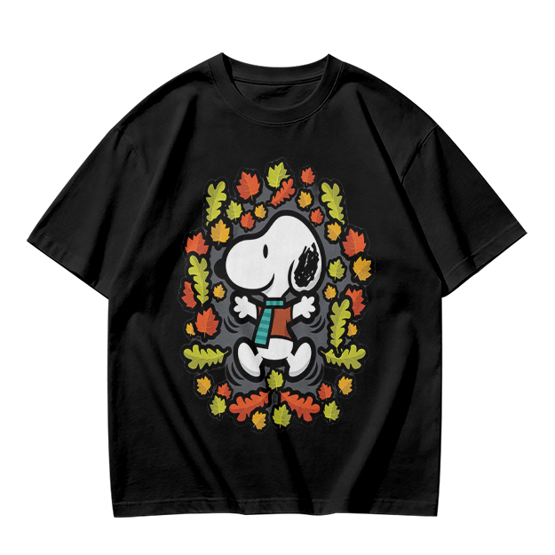 Olive green t-shirt with Snoopy playing in autumn leaves