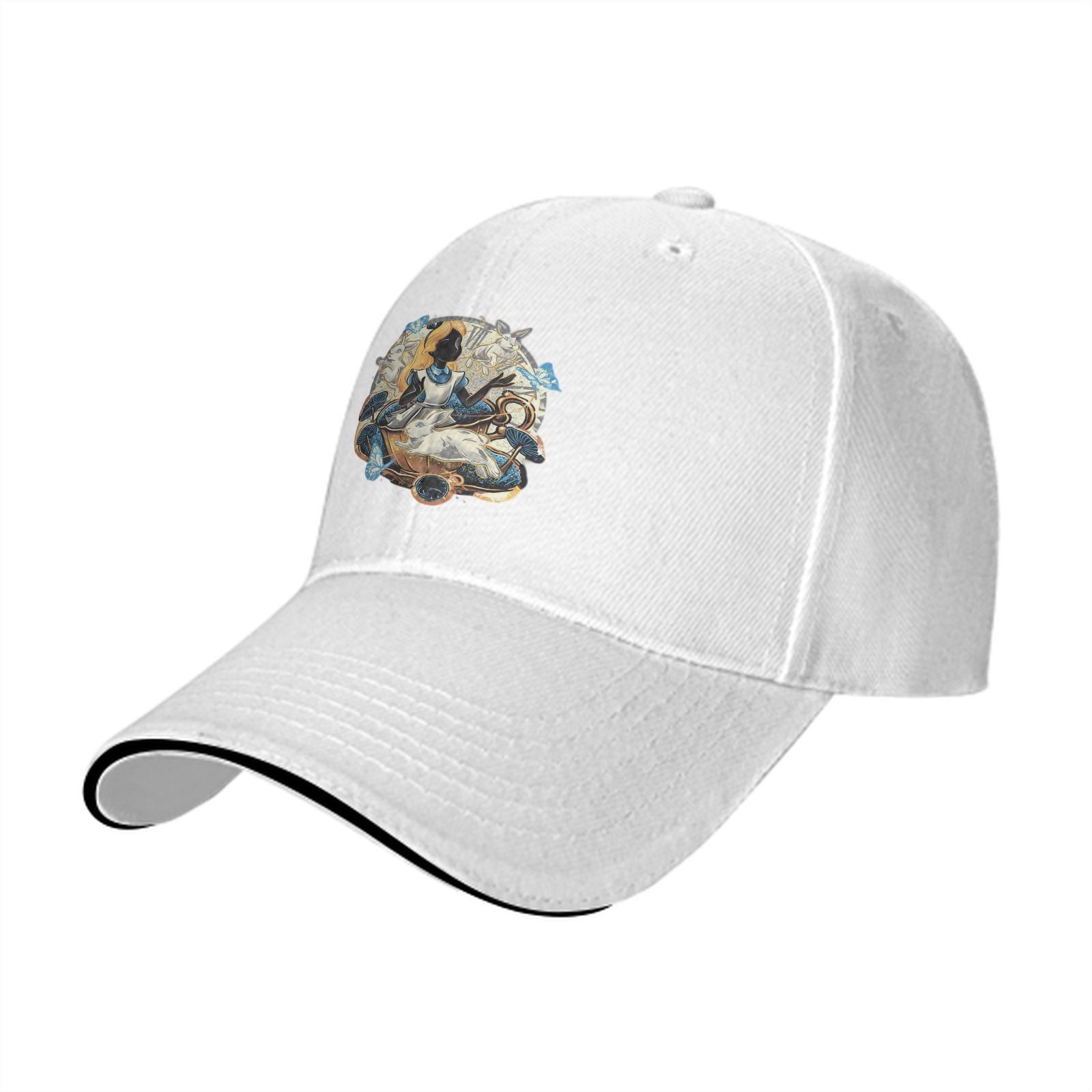 Black baseball cap with Alice in Wonderland themed graphic