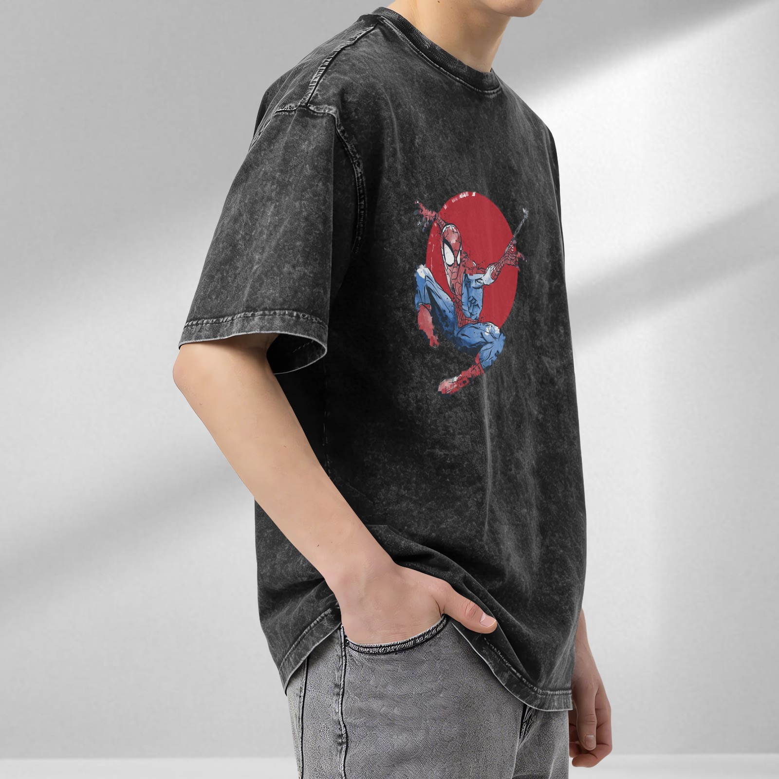 Washed Black Oversized T-Shirt with Spider-Man Red Circle Graphic
