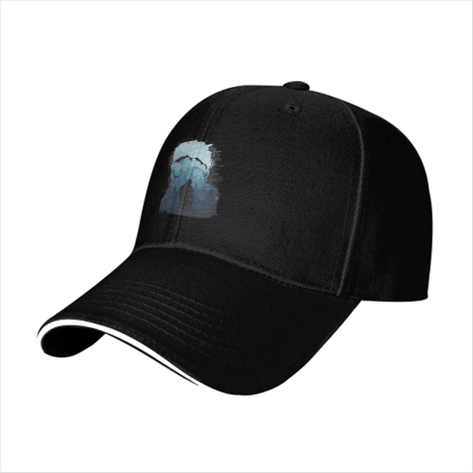 Black Baseball Cap With Abstract Blue Figure Print