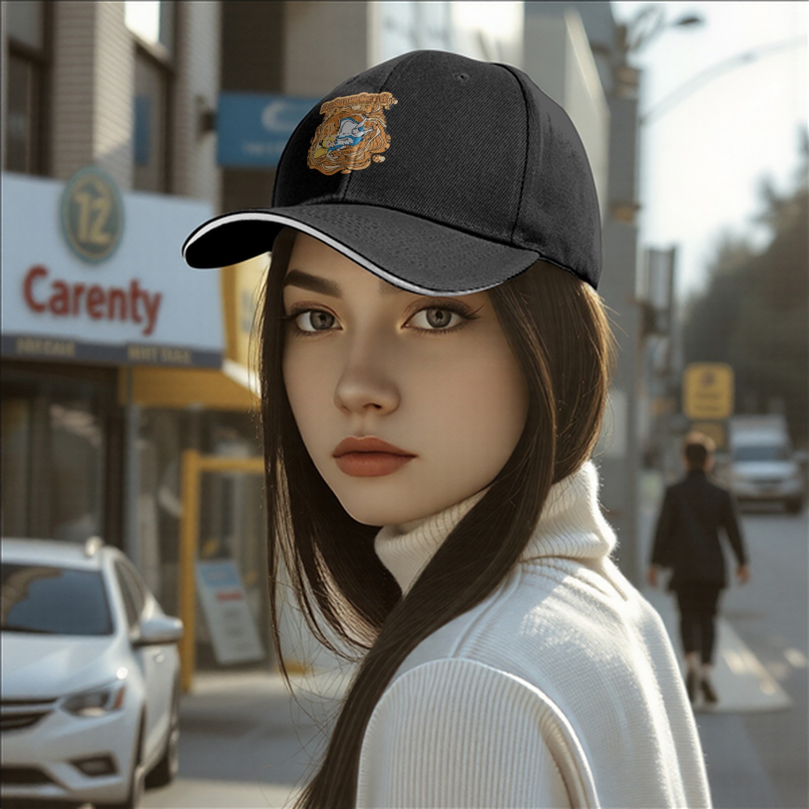 Black baseball cap with whimsical illustrated character design
