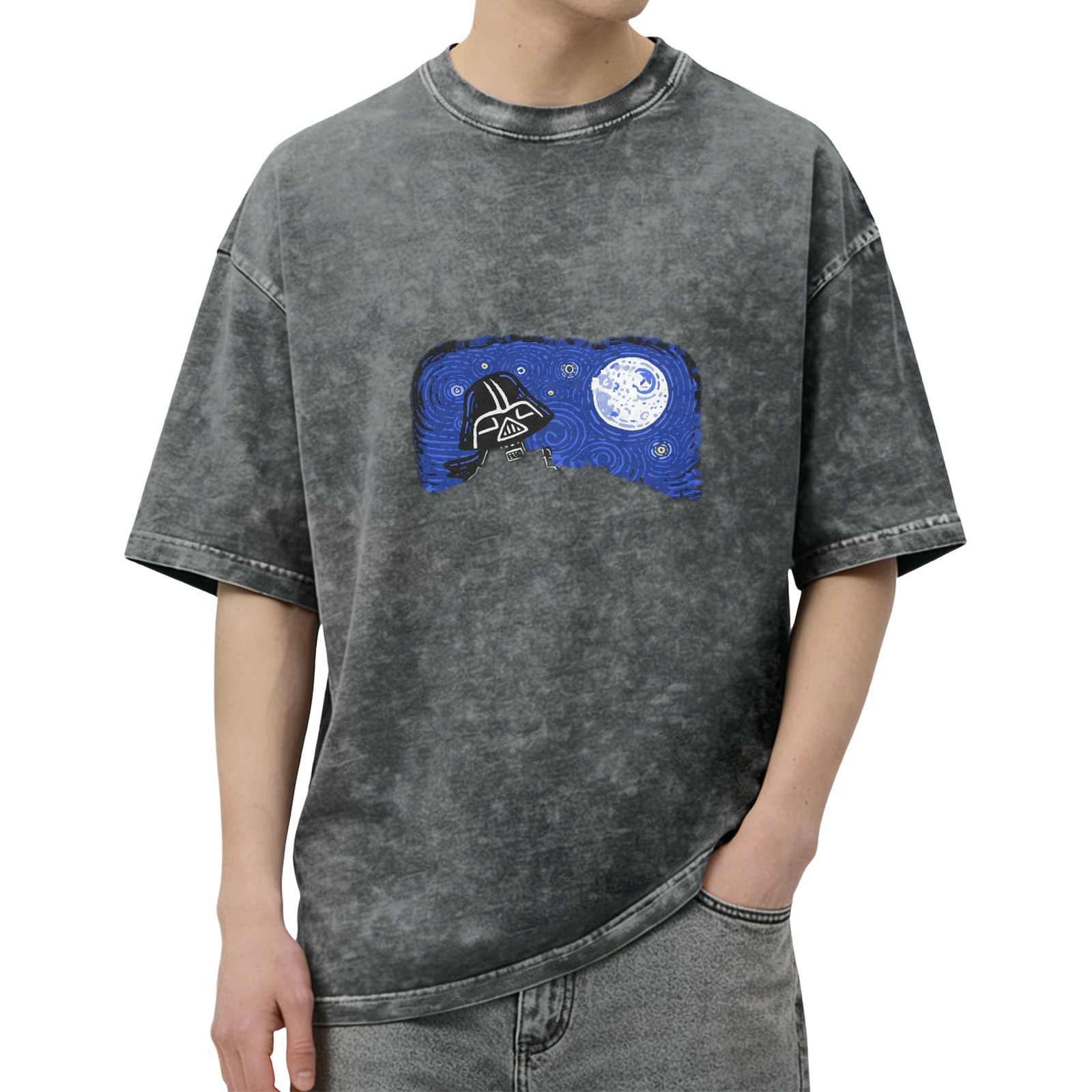 Washed black t-shirt with Darth Vader and Death Star graphic
