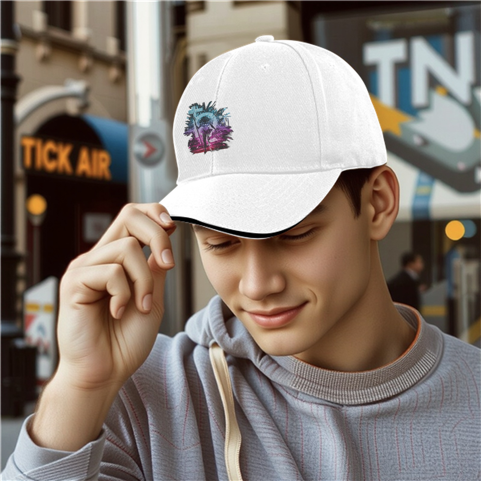 Black Baseball Cap With Neon Fantasy Graphic Print