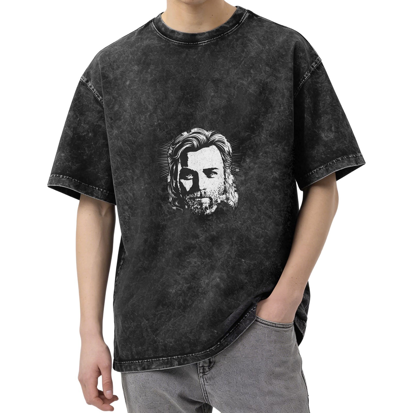 Distressed washed black loose short-sleeved T-shirt with portrait printed on the front