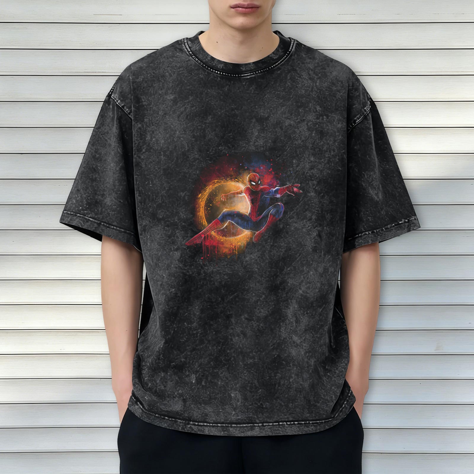 Oversized Acid Wash T-Shirt with Spider-Man Graphic Print