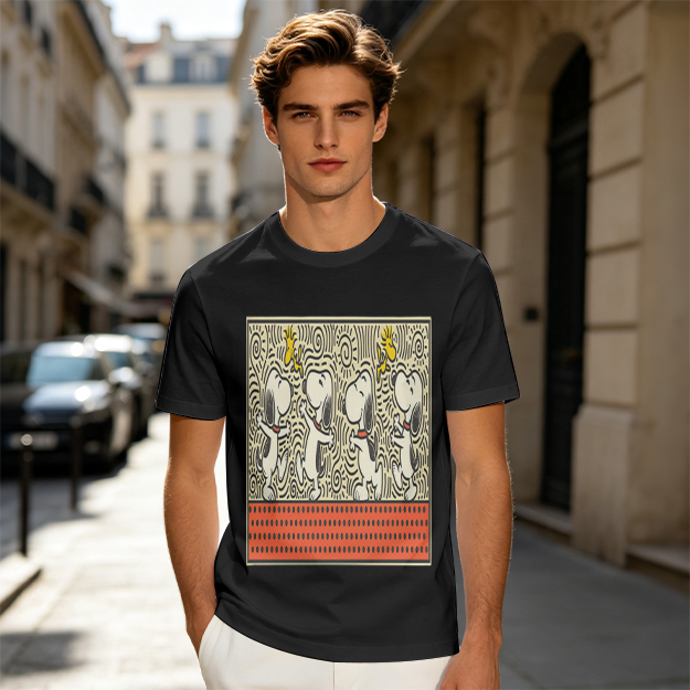 Olive T-shirt with dancing Snoopy and Woodstock graphic print