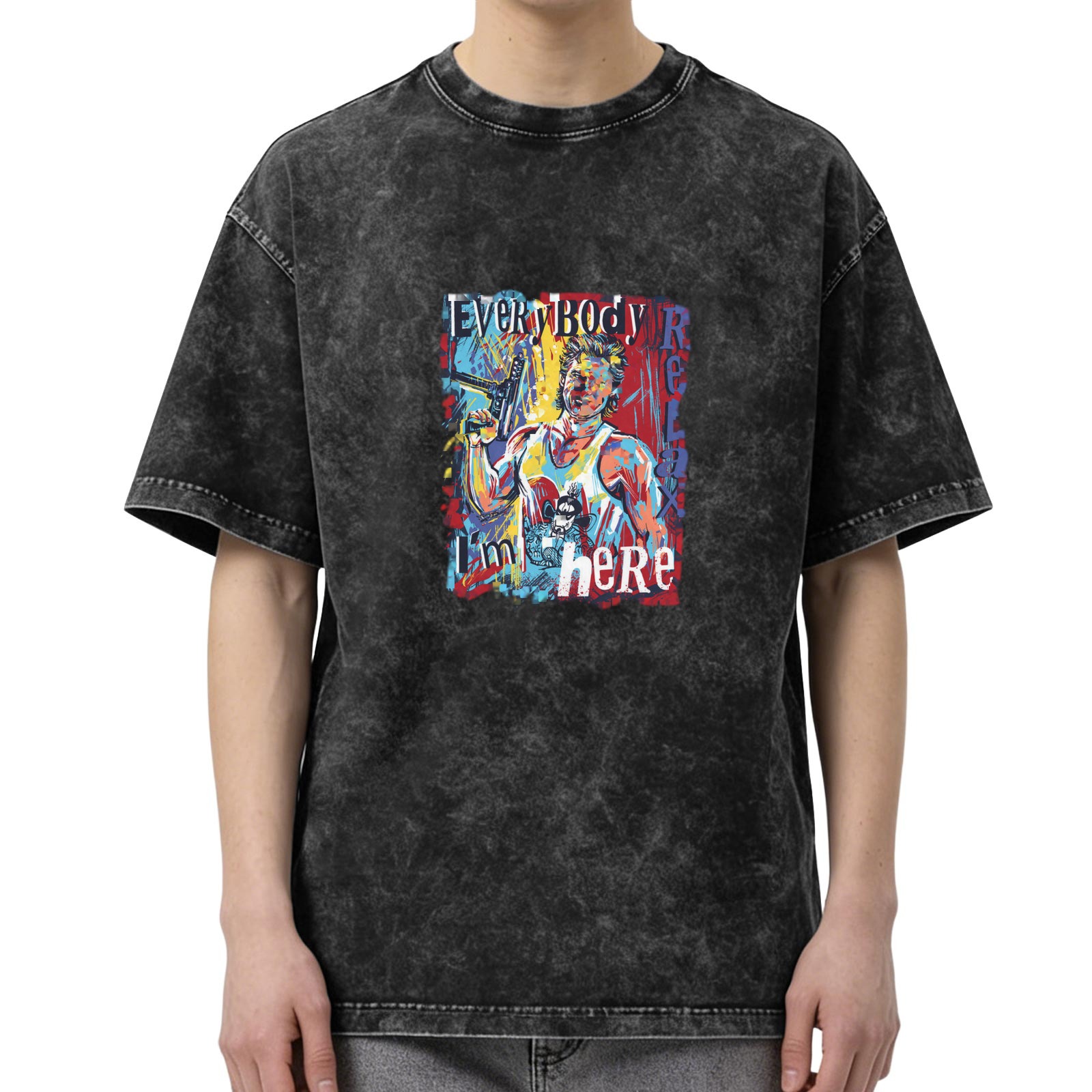 Washed Black Graphic T-Shirt with Everybody Relax I'm Here Art Print