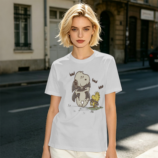 Olive T-shirt with Snoopy and Woodstock Graphic Print