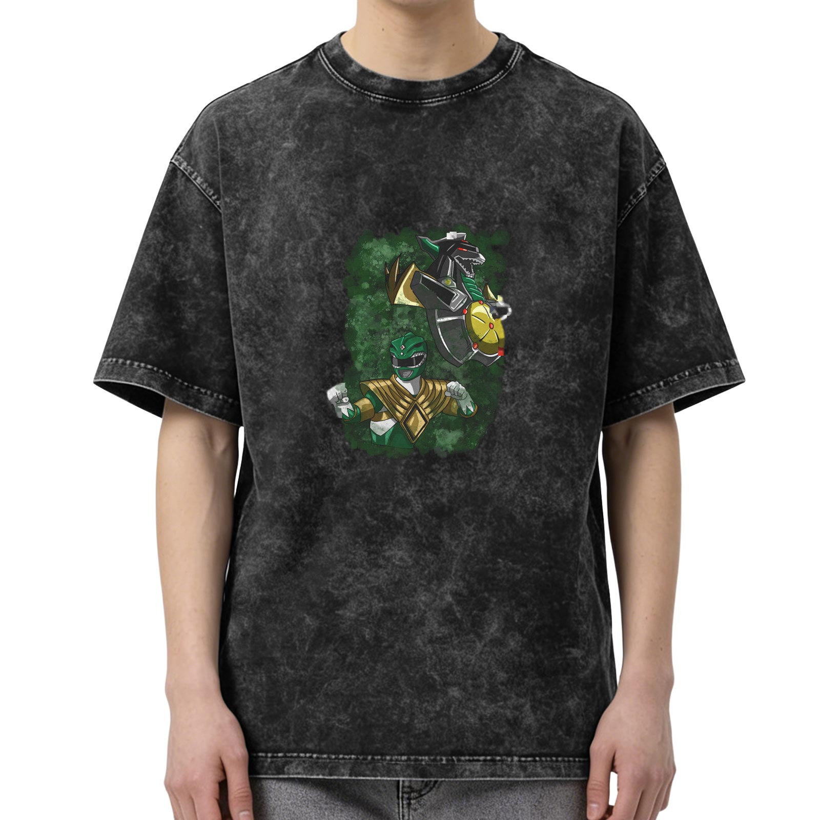 Oversized Stonewashed T-Shirt with Green Ranger Dragonzord Graphic