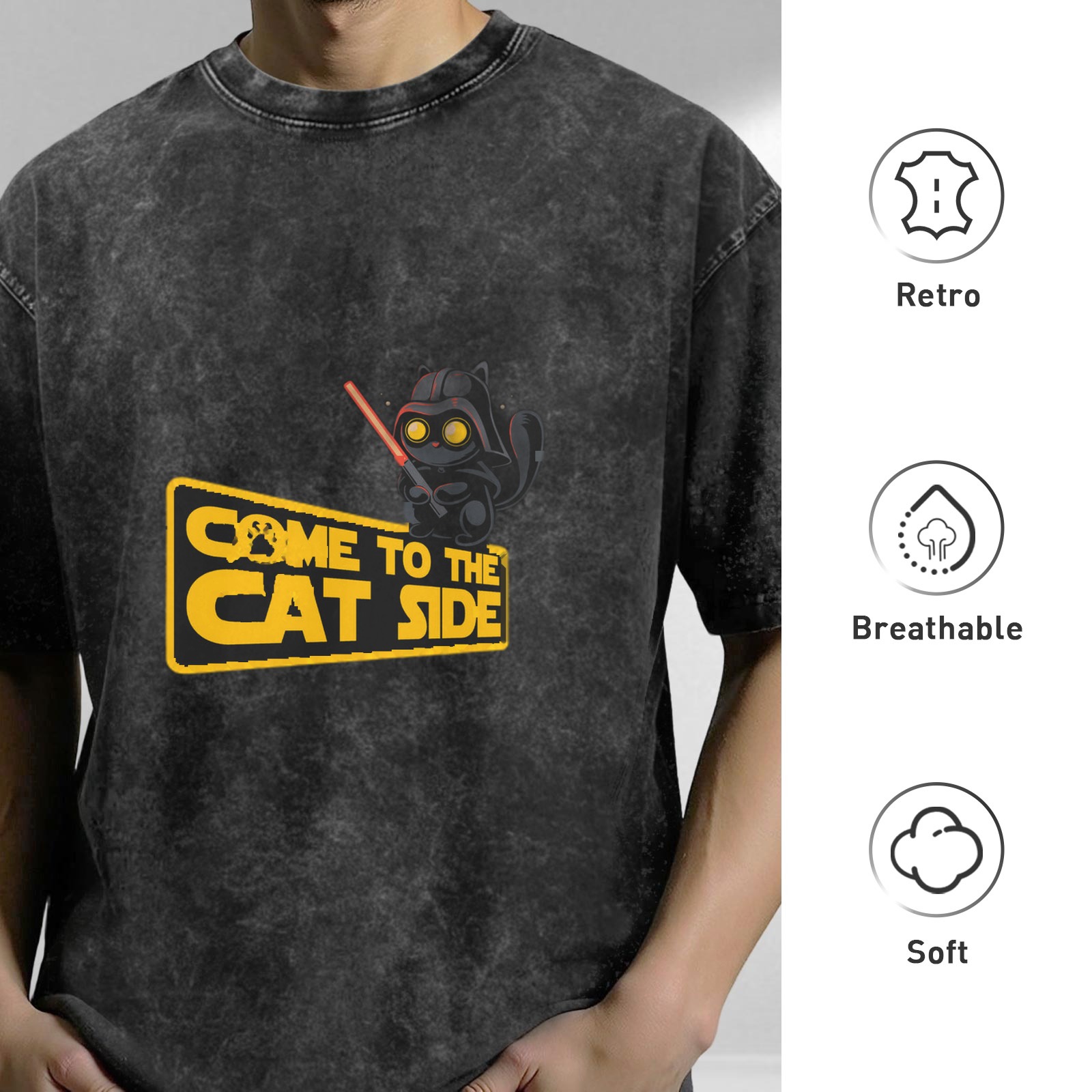 Come to the Cat Side Star Wars Parody Acid Wash Graphic T-Shirt