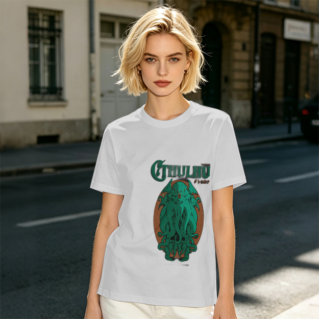 Olive Green Cthulhu Graphic T-Shirt with Mythos Monster Art