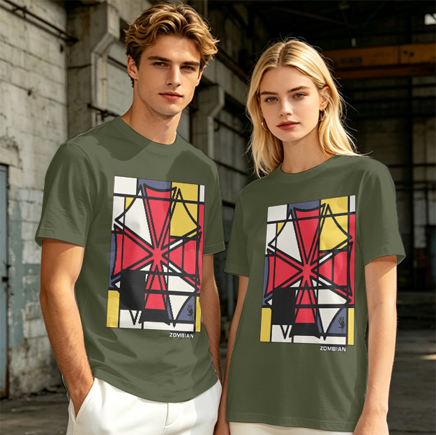 Olive T-Shirt with Mondrian-style Geometric Abstract Graphic Print