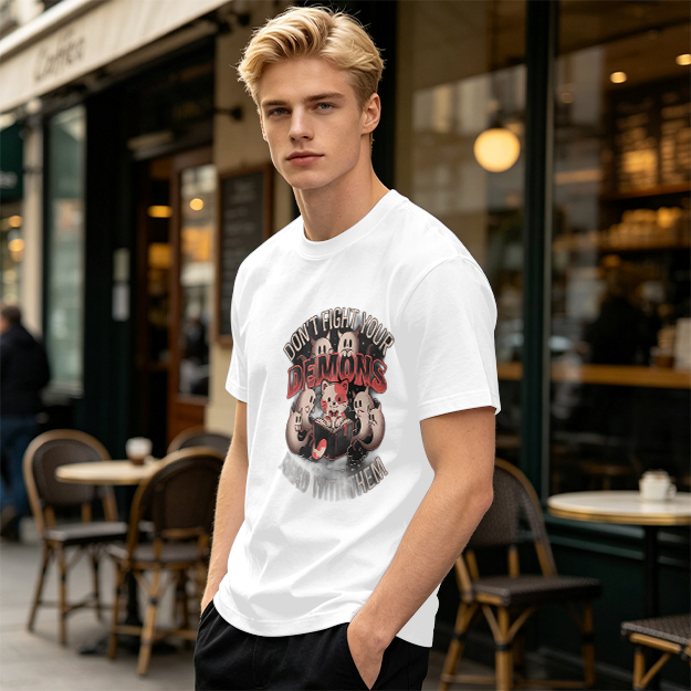 Don't Fight Your Demons Cat Graphic Olive T-Shirt