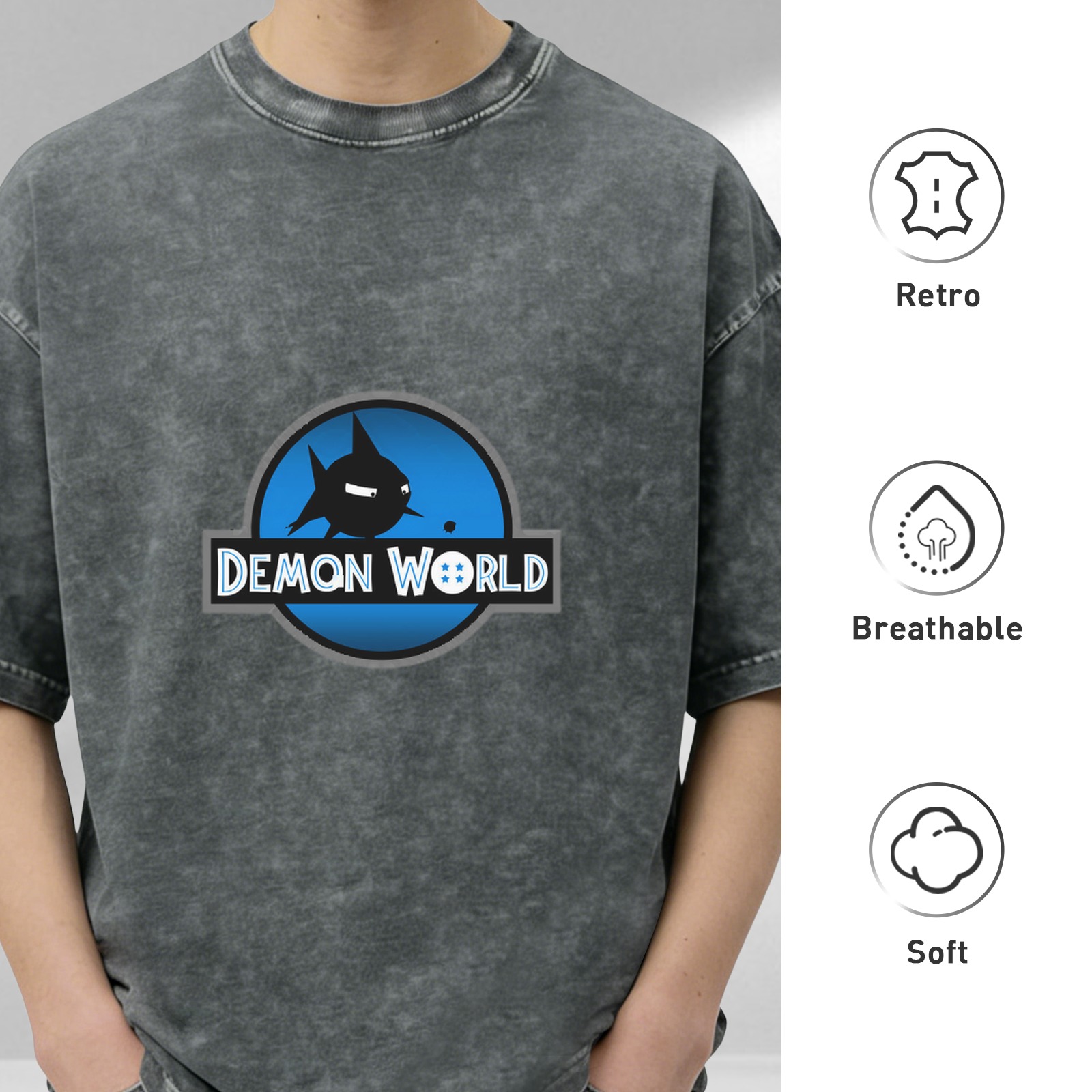 Oversized Acid Wash T-Shirt with Demon World Graphic Print