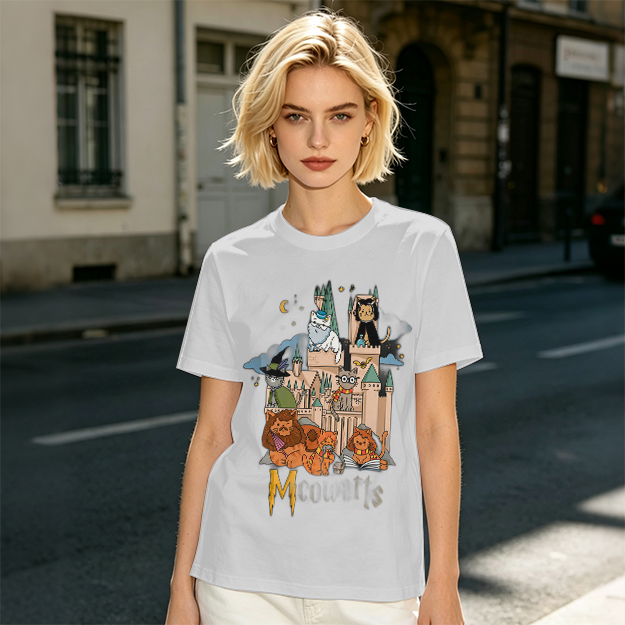 Olive T-Shirt With Whimsical Wizard Cat Castle Graphic