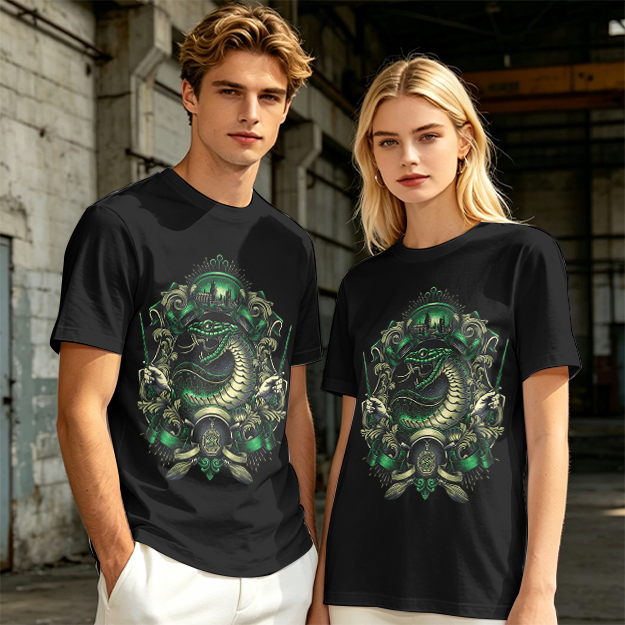 Olive Green T-Shirt With Serpent Crest Graphic Design