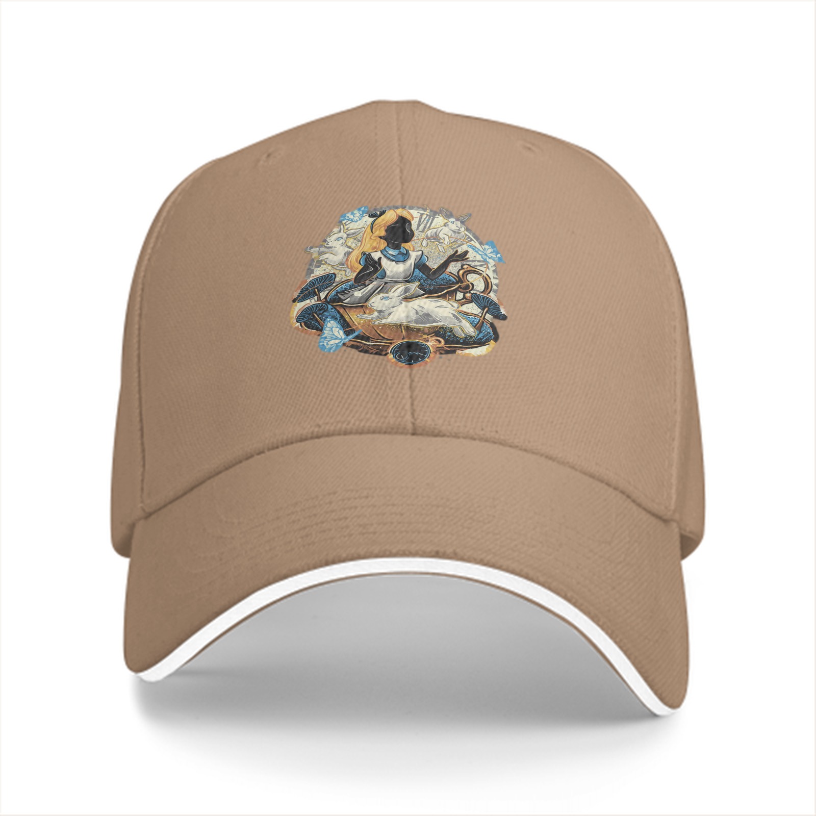Black baseball cap with Alice in Wonderland themed graphic