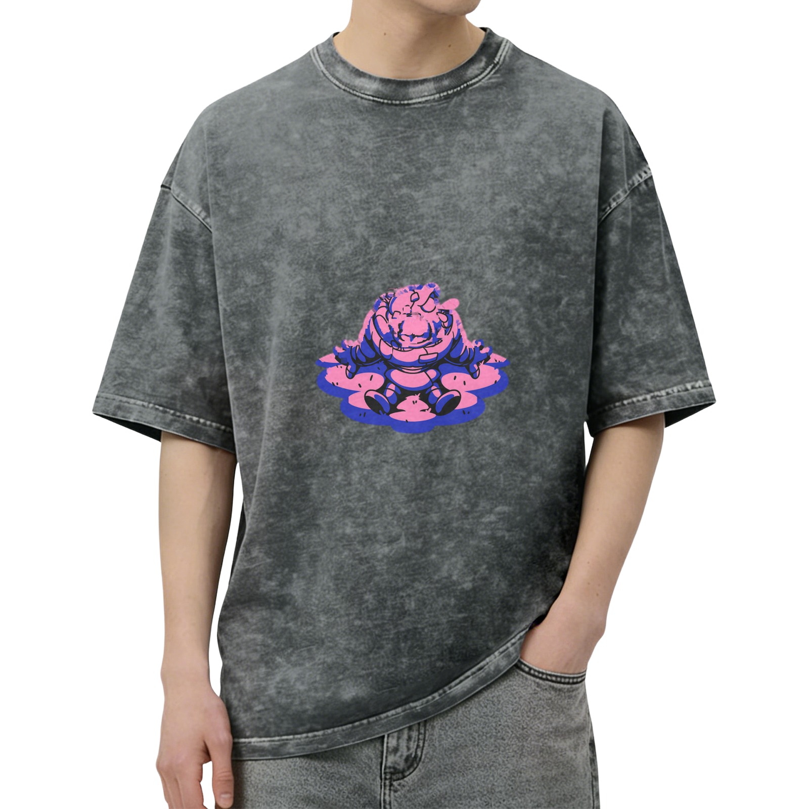 Oversized Acid Wash T-Shirt With Meditating Cartoon Character Print