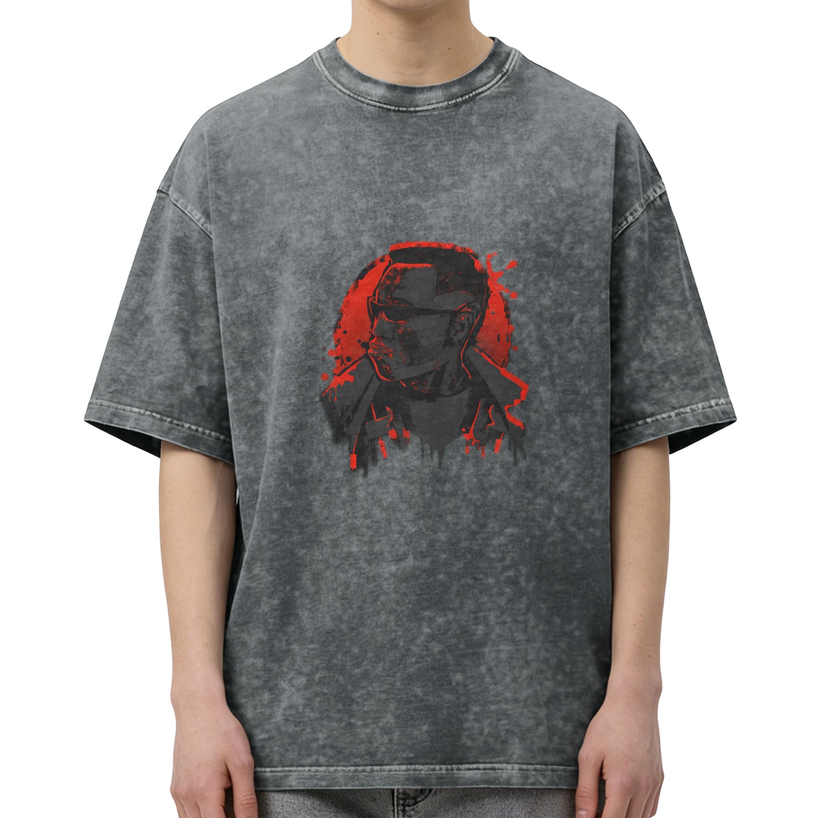 Washed Black T-Shirt with Red Vampire Hunter Graphic