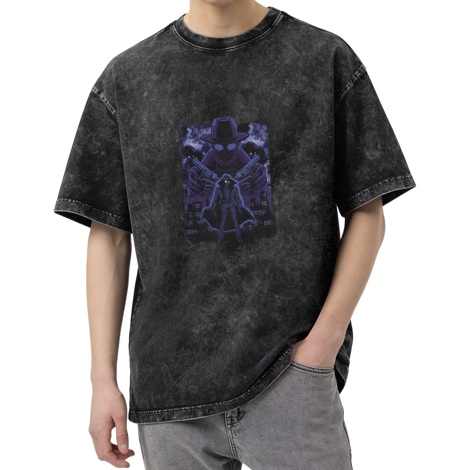 Oversized Dark Wash T-Shirt With Noir Detective Graphic Print