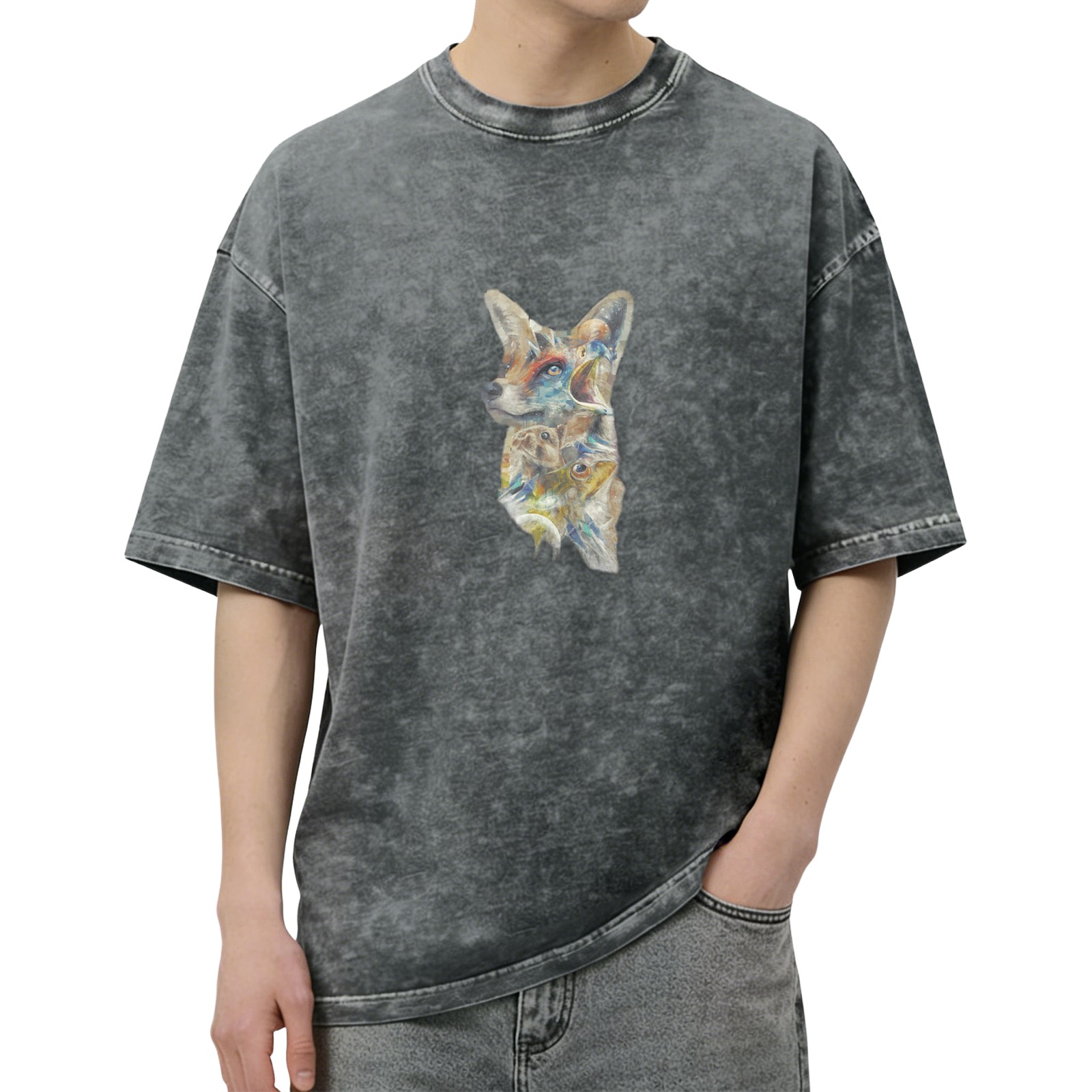 Washed Black Oversized T-Shirt With Abstract Fox Art Print