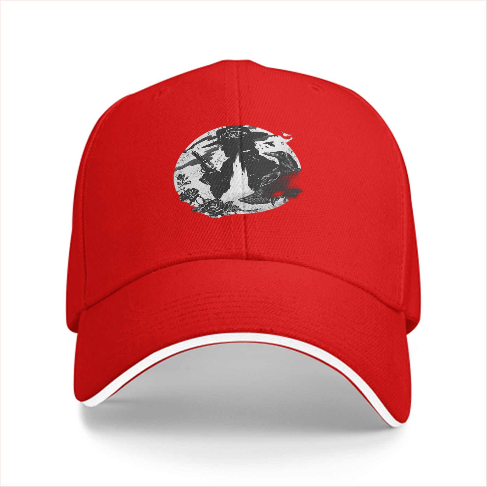 Black Baseball Cap With Gothic Silhouette And Rose Graphic