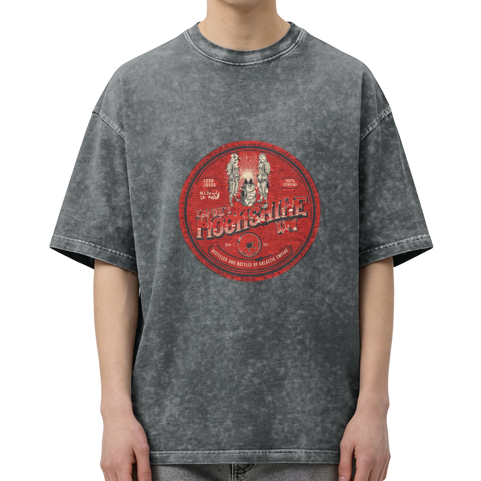 Vintage Black Acid Wash T-Shirt with Red Galactic Moonshine Graphic