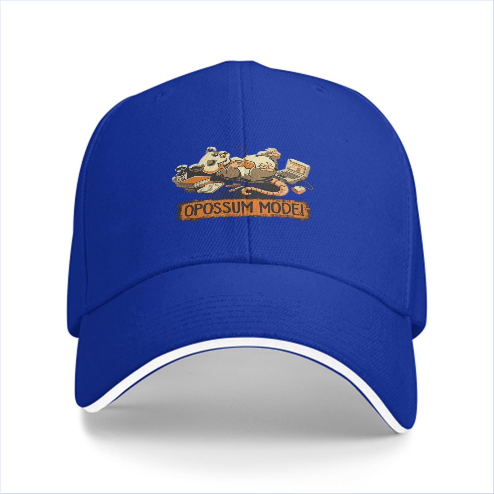 Black baseball cap with relaxed opossum 'OPOSSUM MODE!' graphic