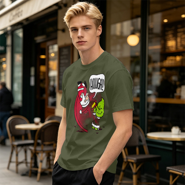 Olive Christmas T-Shirt With Grinch Lifting Santa Claus Print