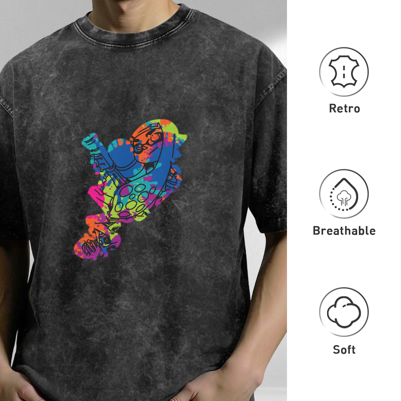 Acid Wash Black T-Shirt With Colorful Splatter Art Print