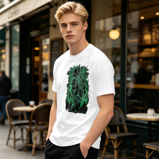 Olive Green T-Shirt With Neon Samurai Warrior Graphic