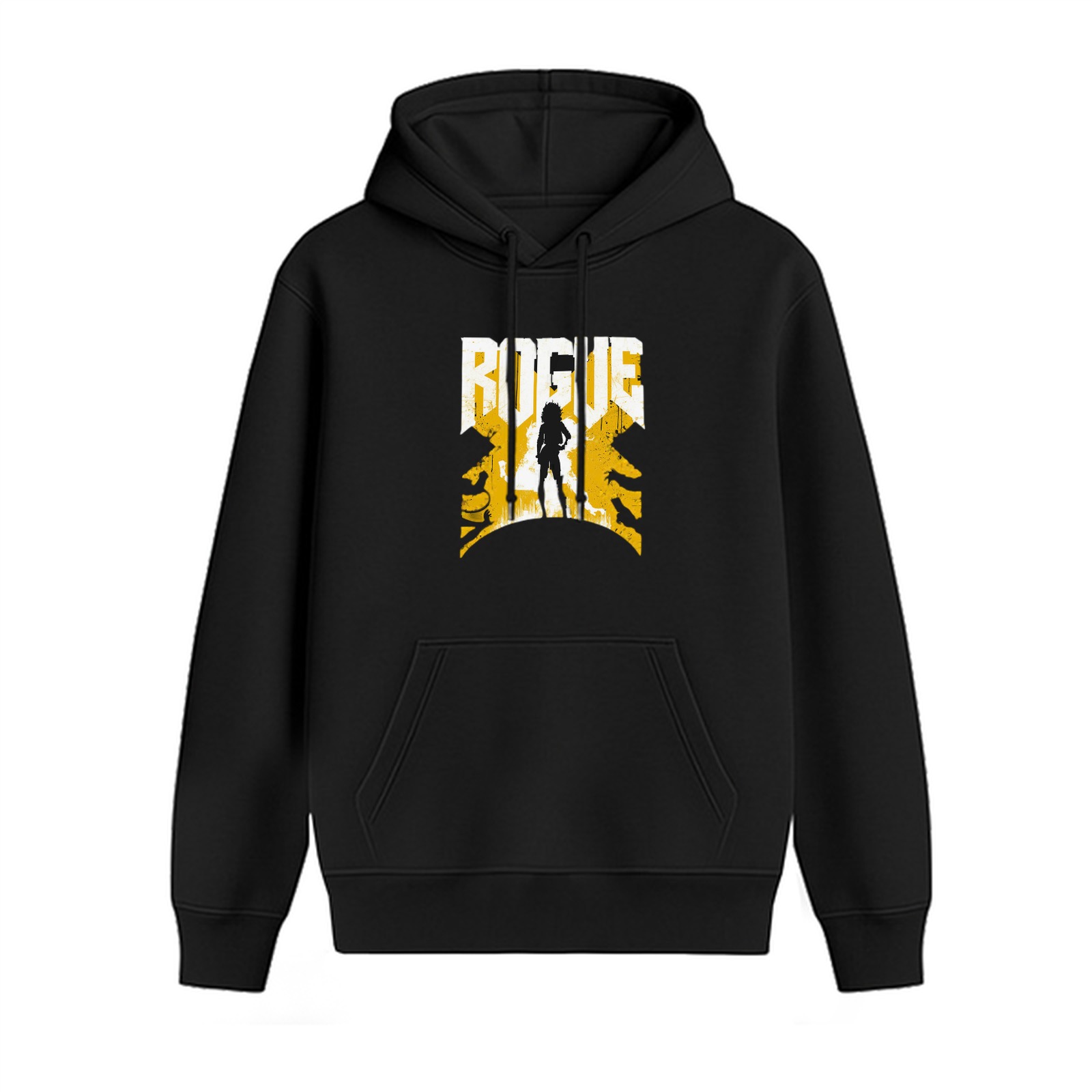 Black Hoodie With Rogue Silhouette Graphic Design