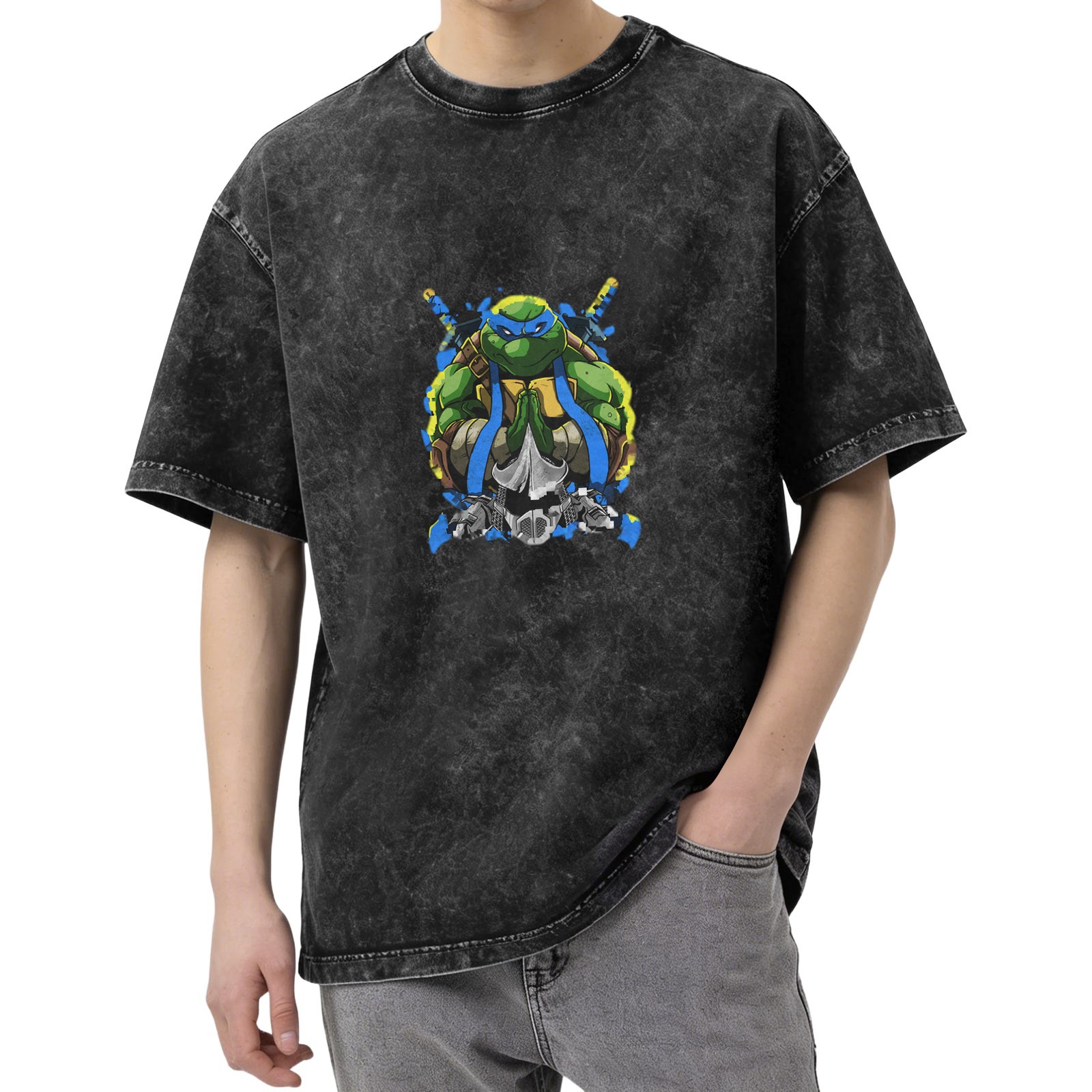 Washed Black T-Shirt with Blue Mask Ninja Turtle Graphic