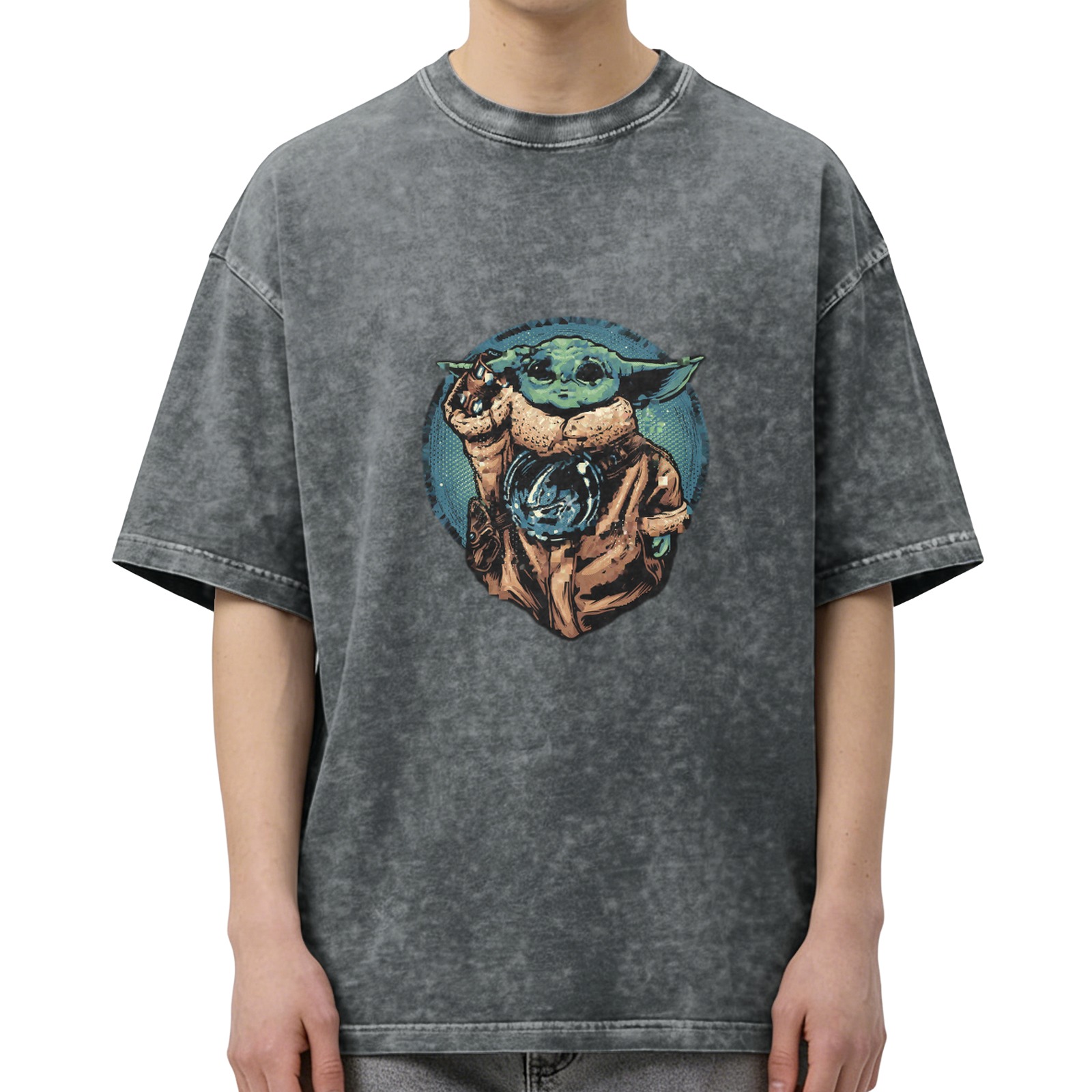 Washed Black T-Shirt Featuring Baby Yoda Graphic