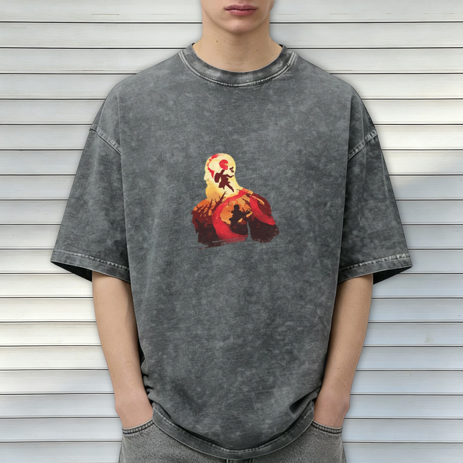 Distressed black printed short-sleeved T-shirt