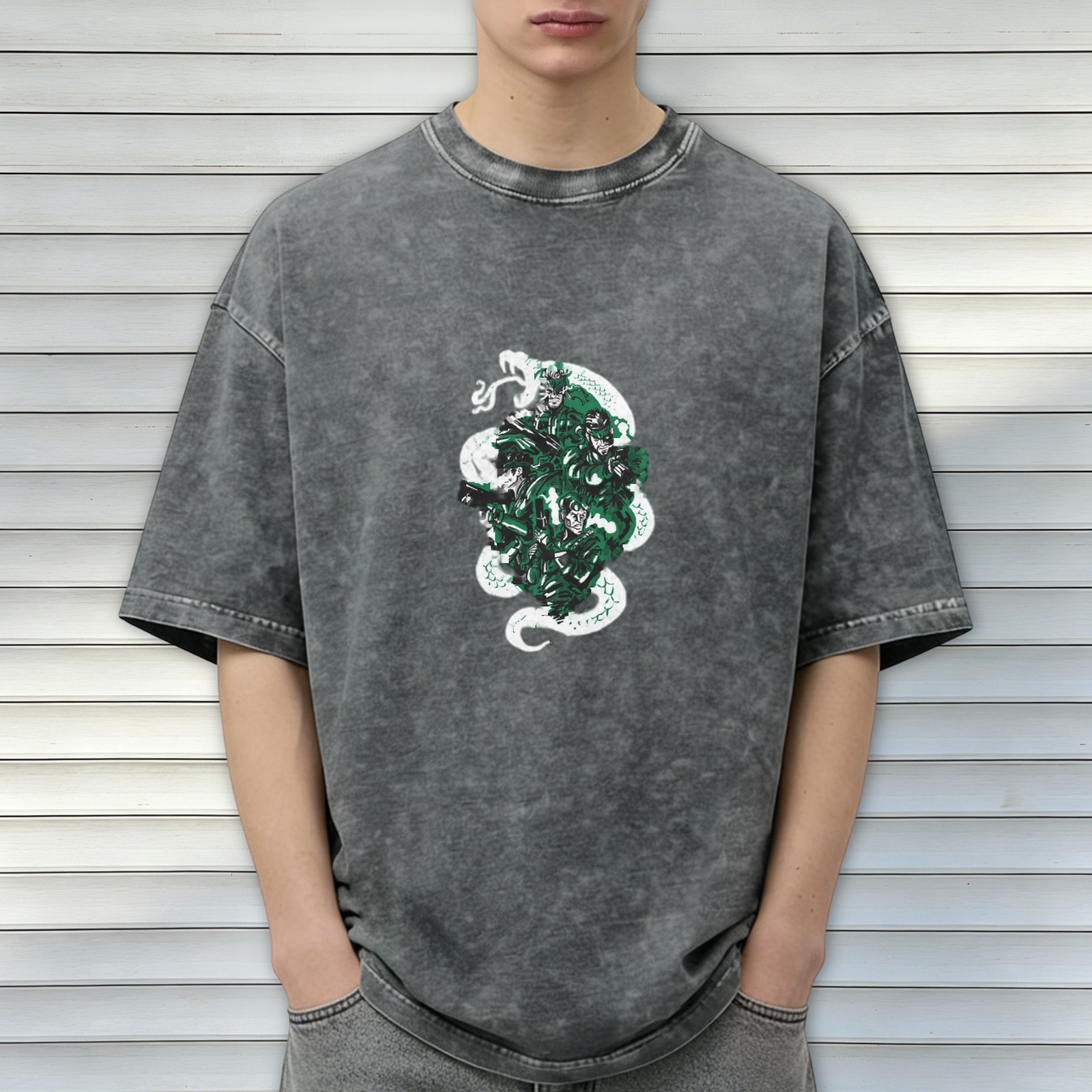 Oversized Acid Wash T-Shirt With Green Anime Character Graphic