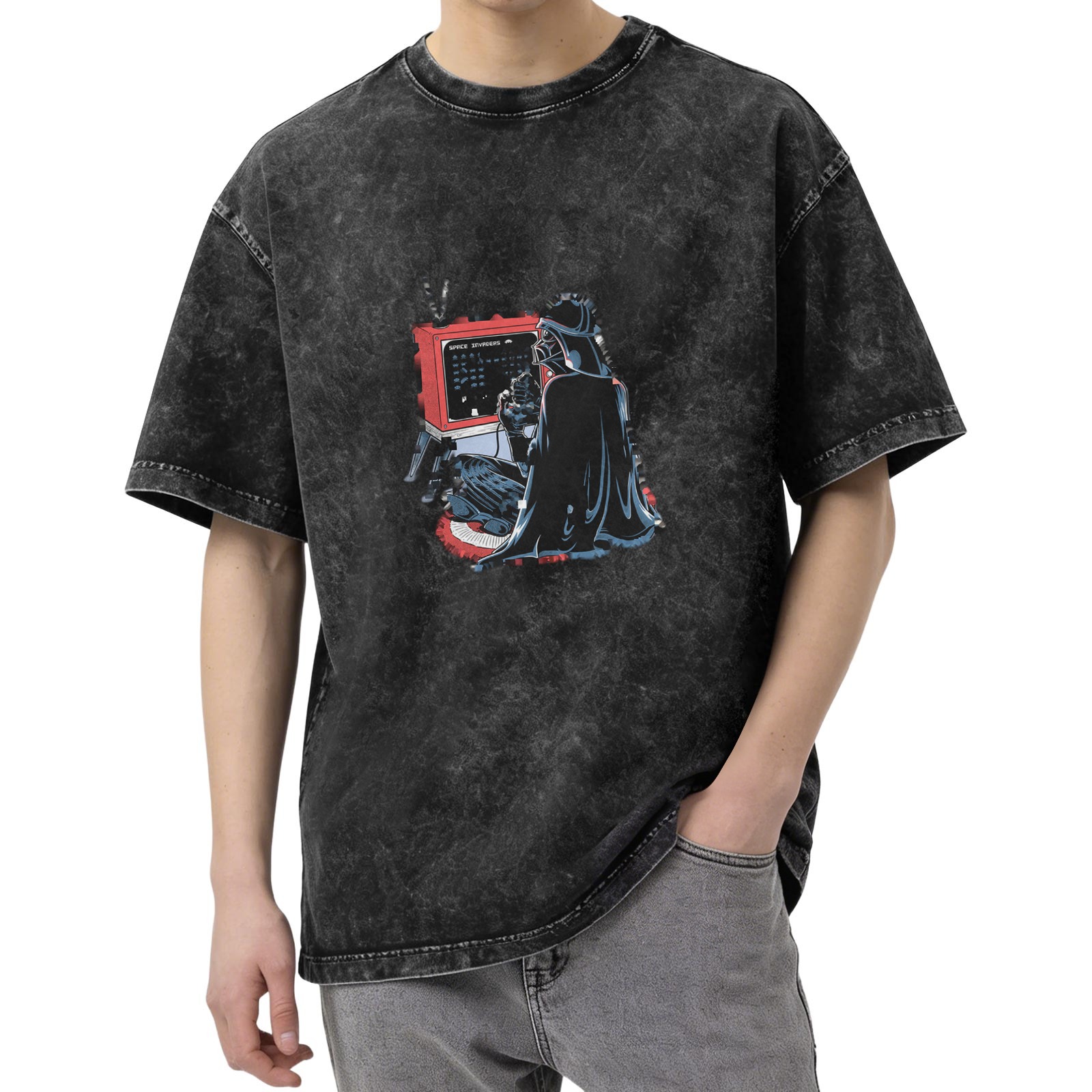 Vintage Washed Black T-Shirt with Darth Vader Retro Computer Graphic Print